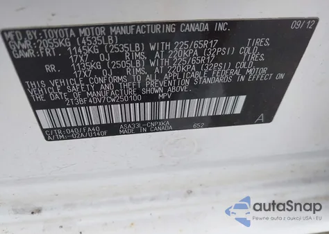 2012 Toyota Rav4 from USA, damaged, VIN 2T3BF4DV7CW250100